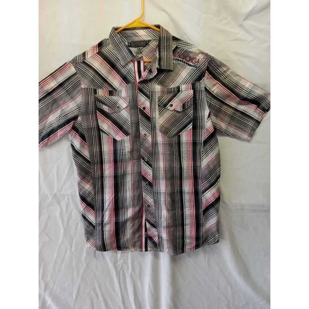 COOGI Australia Mens XL Button Front Shirt Black Spell Out Short Sleeve Plaid